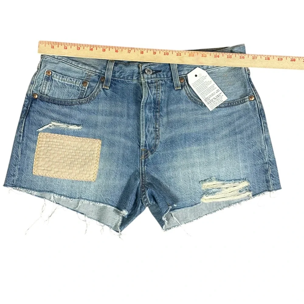Levi's 501 Original Fit Shorts Women Size 30 Blue Distressed Patch Denim NEW